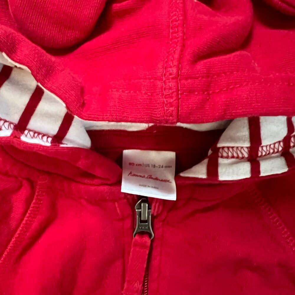 Hanna Andersson Red Bear Ear Zip Hoodie | Size 80 / 12-24M - Picture 2 of 3